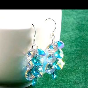 Blue and clear round crystal layered 925 sterling silver earrings